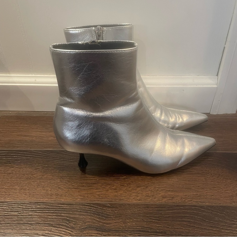 Zara Silver Metallic Kitten Heel Ankle Boots Date Night Clubbing EU 37/US 6 - Picture 4 of 14